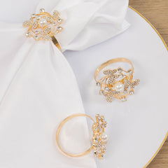 4 Pack Gold Metal Butterfly Napkin Rings with Pearl and Rhinestone Accents, Elegant Table Decoration for Weddings, Events, and Parties