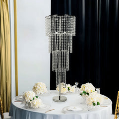 4ft Tall Event Centerpiece in Acrylic Clear Beaded Chandelier for Elegant Wedding & Party Table Decor, 4-Tier Round Metal Floral Stand