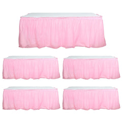 5 Pack Plastic Table Skirts Pink Ruffled - Durable Disposable Skirts for Events 14ft