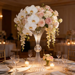 4 Pack Clear Ribbed Acrylic Trumpet Vases – 28" Reversible Flower Centerpiece with Crystal Ball Accent