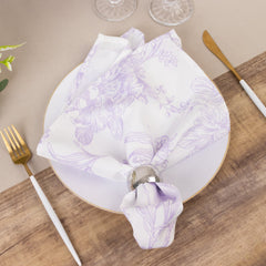 5 Pack Polyester 20"x20" Dinner Napkins White with Lavender Lilac French Toile Pattern - Reusable Floral Cloth Napkins