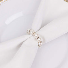 4 Pack 1.5" White Pearl Beads and Silver Rhinestone Napkin Rings, Elegant Round Serviette Buckle Napkin Holders