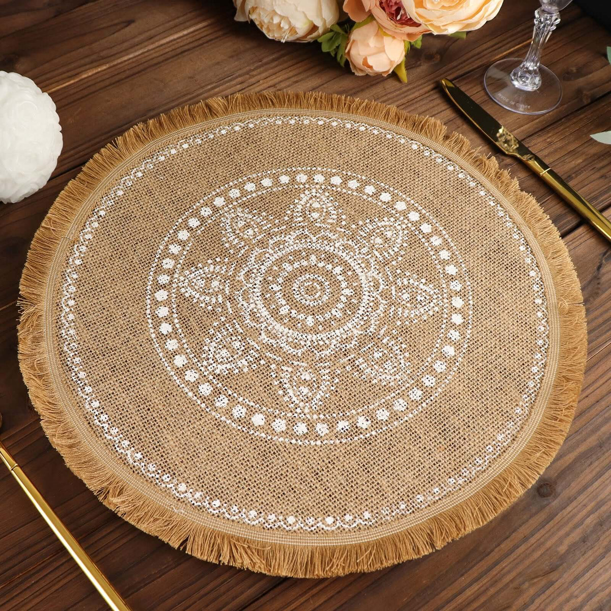 4-Pack Placemats White Embroidery Print Design Natural Jute Fringe Round - Rustic Burlap Woven Style 15"
