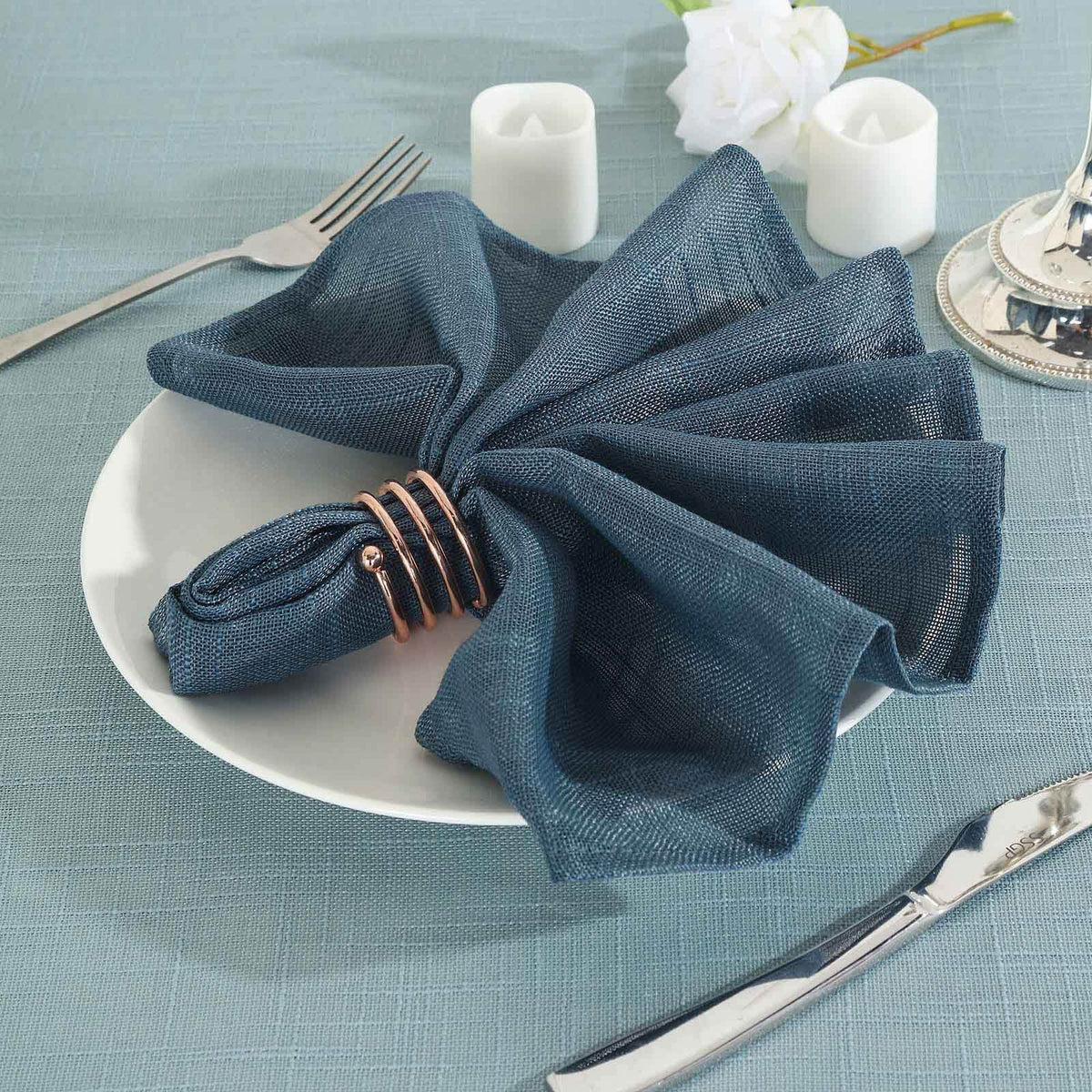 5 Pack Faux Linen 20"x20" Napkins Blue - Slubby Textured & Wrinkle Resistant Cloth Napkins