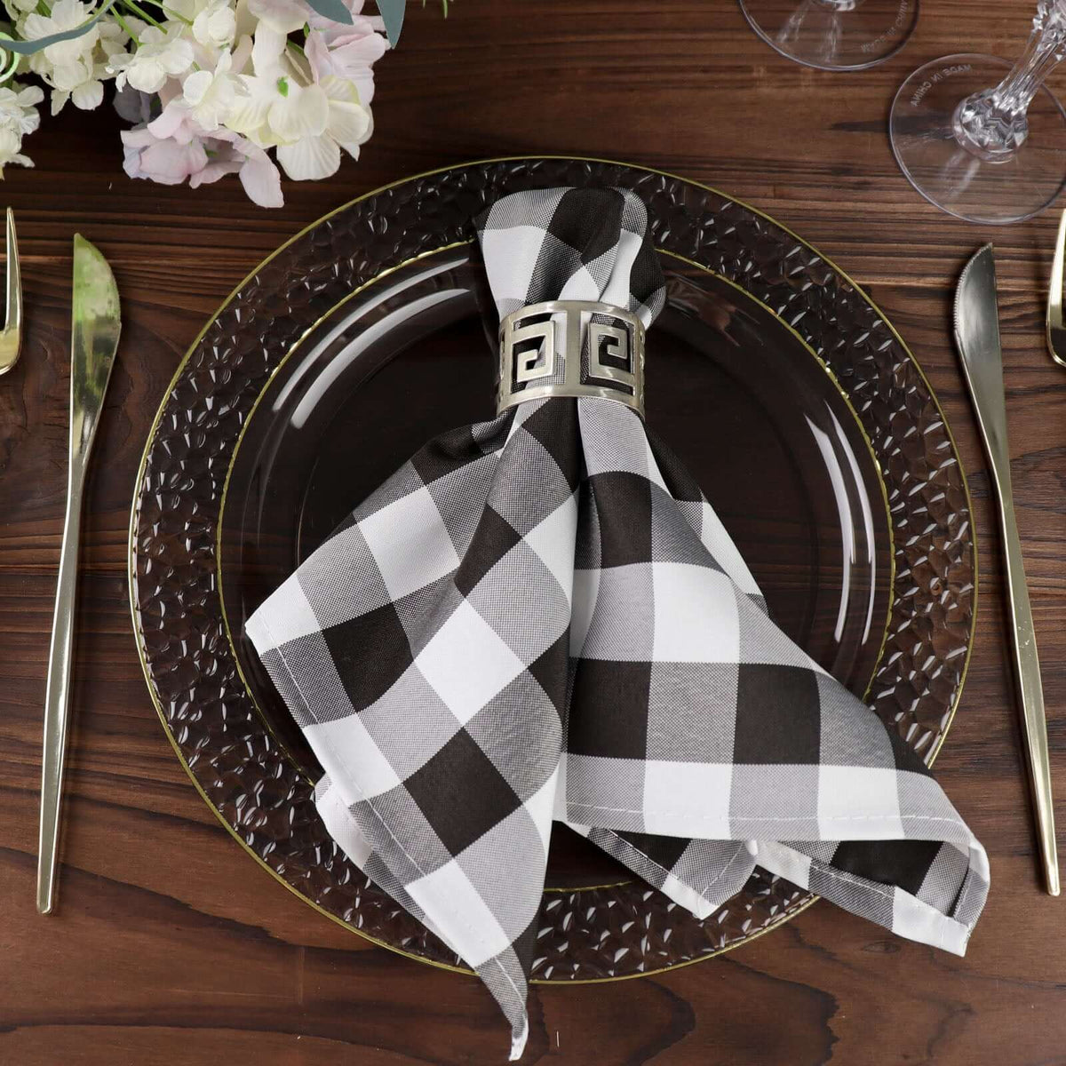 5 Pack Polyester 15"x15" Napkins Black/White Buffalo Plaid Gingham Style Cloth Napkins for Casual & Outdoor Dining