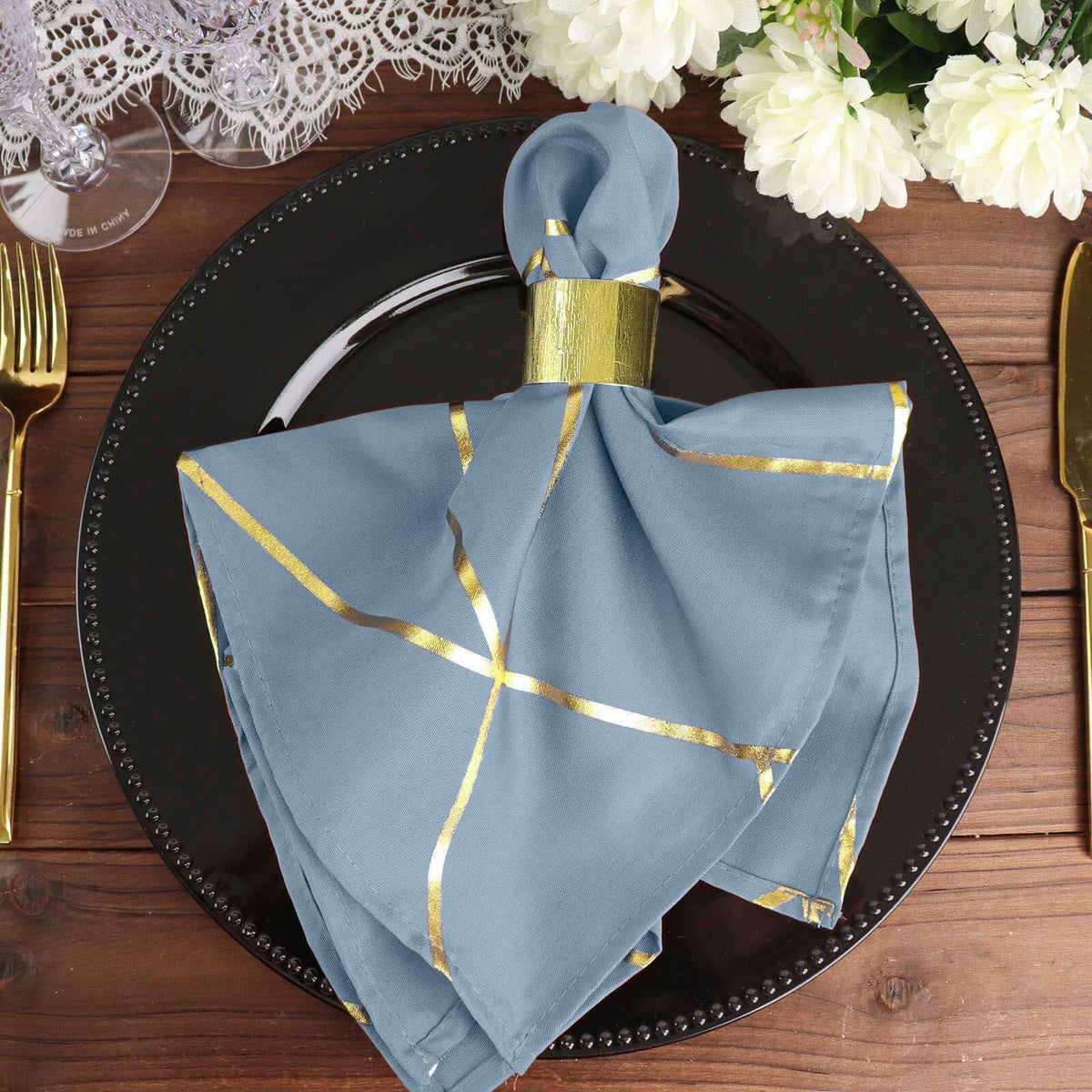 5 Pack Polyester 20"x20" Napkins Dusty Blue with Gold Geometric Foil Pattern - Modern Reusable Dinner Napkins