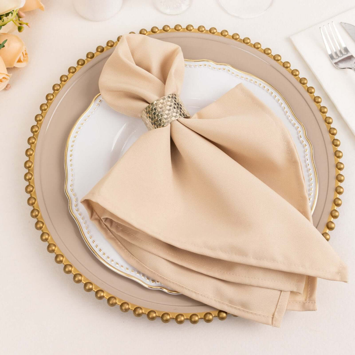 5 Pack Premium Polyester 20"x20" Napkins Beige - Wrinkle-Resistant & Durable Dinner Napkins