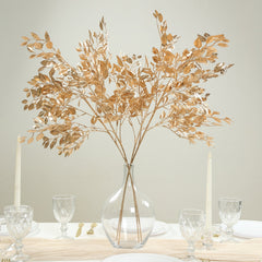 4 Pack Gold Metallic Artificial Leaf Sprays 33” – Italian Ruscus Branches Plastic Greenery for Decorative Arrangements