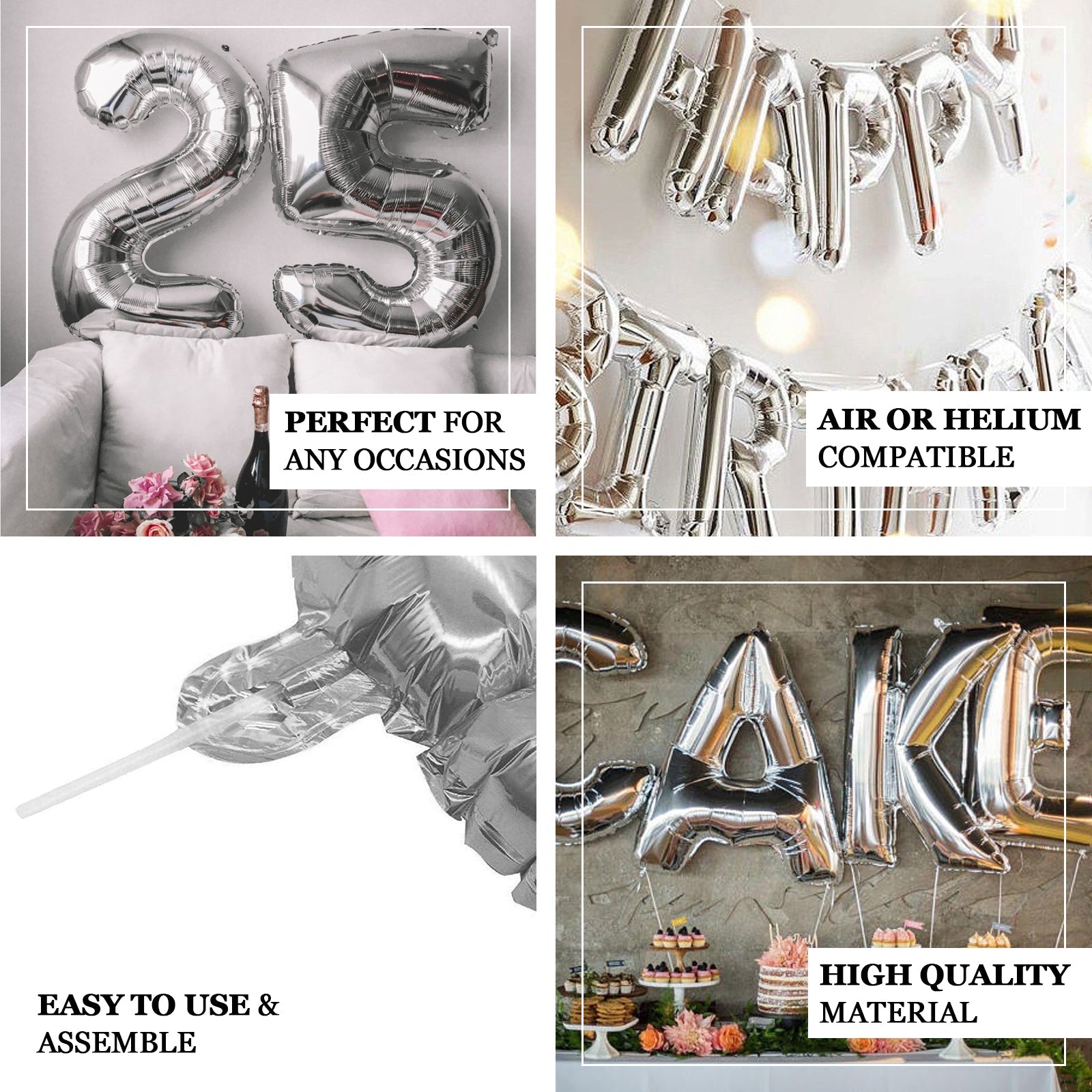 40" Shiny Metallic Silver Mylar Foil Helium Air Number Balloons