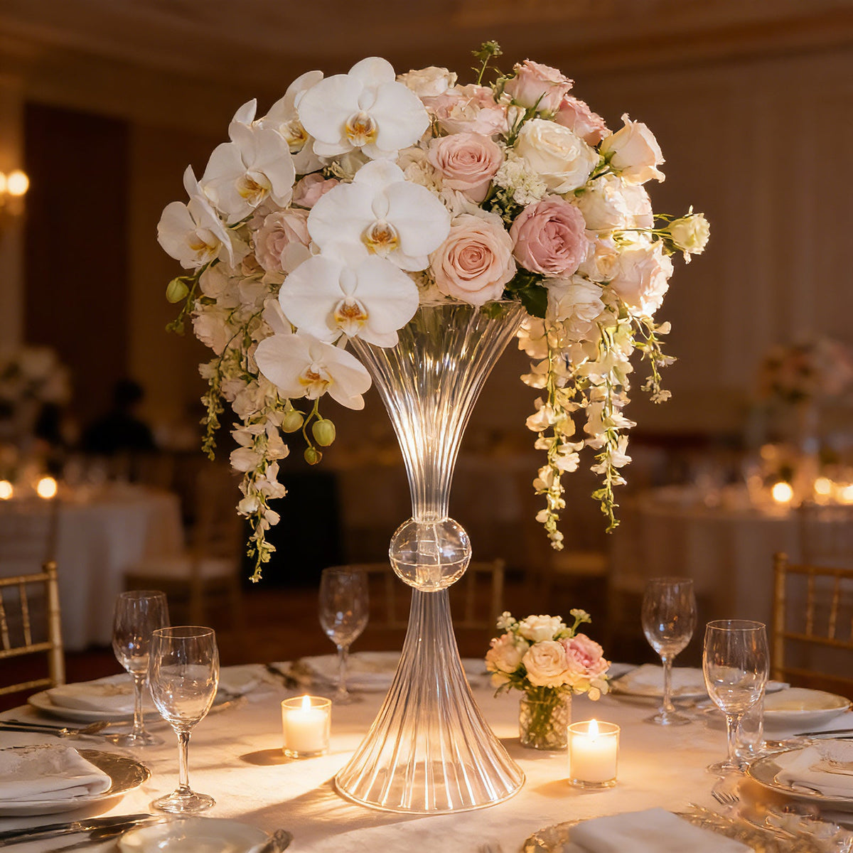 4 Pack Clear Ribbed Acrylic Trumpet Vases – 28" Reversible Flower Centerpiece with Crystal Ball Accent