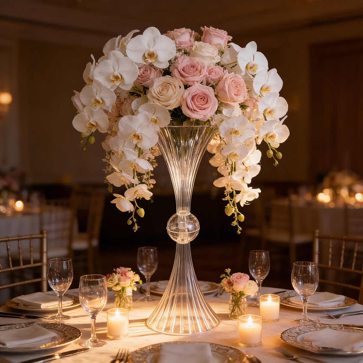 4 Pack Clear Ribbed Acrylic Trumpet Vases – 32" Reversible Flower Centerpiece with Crystal Ball Accent